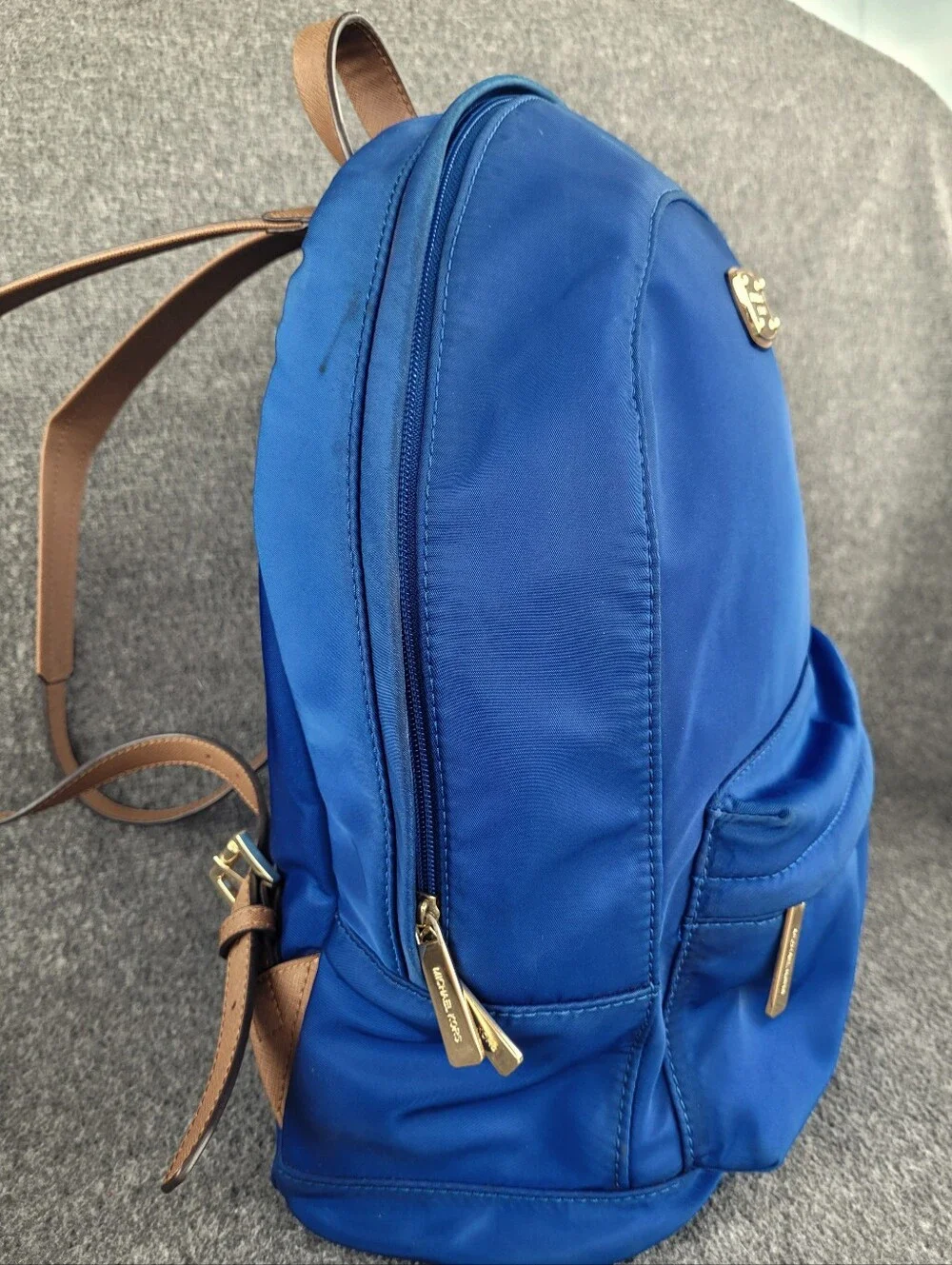 Michael Kors Jet Set Electric Blue Nylon Backpack with Tan Faux Leather Straps